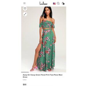 Lulu's Away on Vacay Green two piece crop top and maxi skirt set